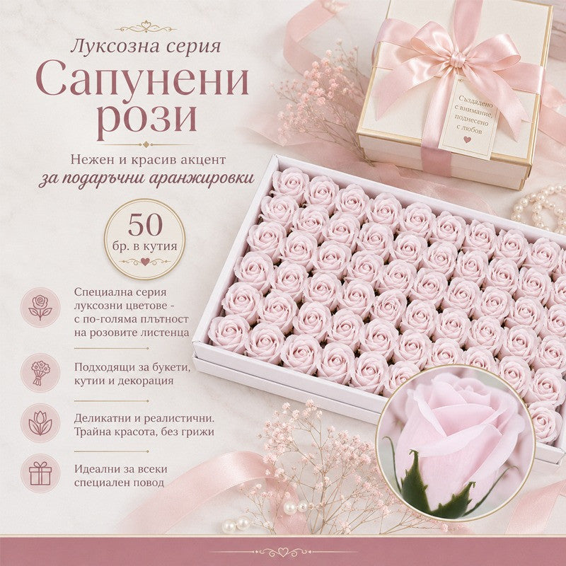 Сапунени рози за декорация /50 броя в кутия/