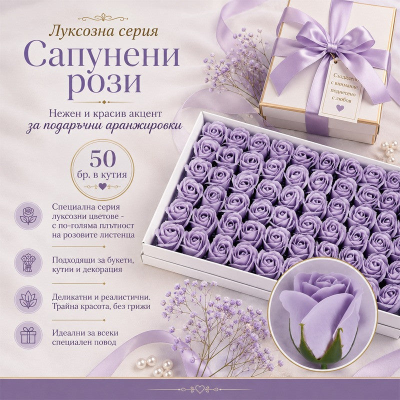 Сапунени рози за декорация /50 броя в кутия/
