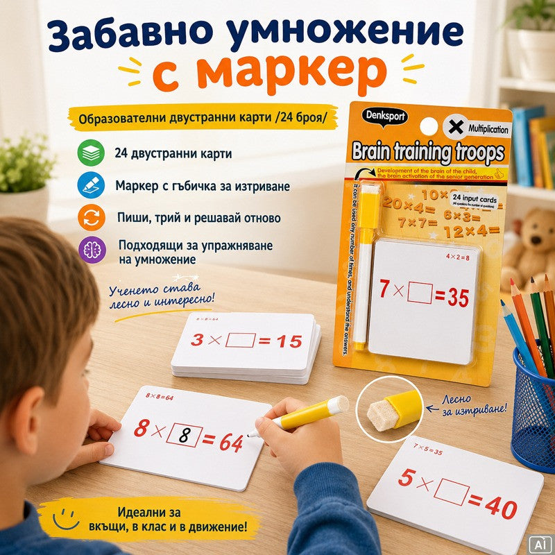 Образователни 24 двустранни карти "Умножение" с маркер