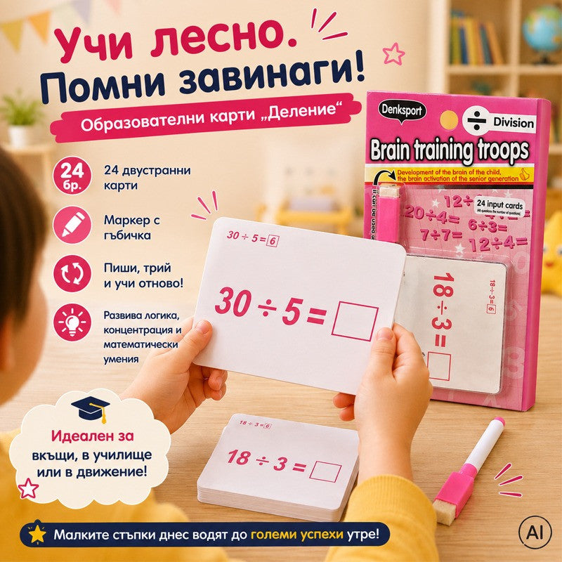 Образователни 24 двустранни карти "Деление" с маркер