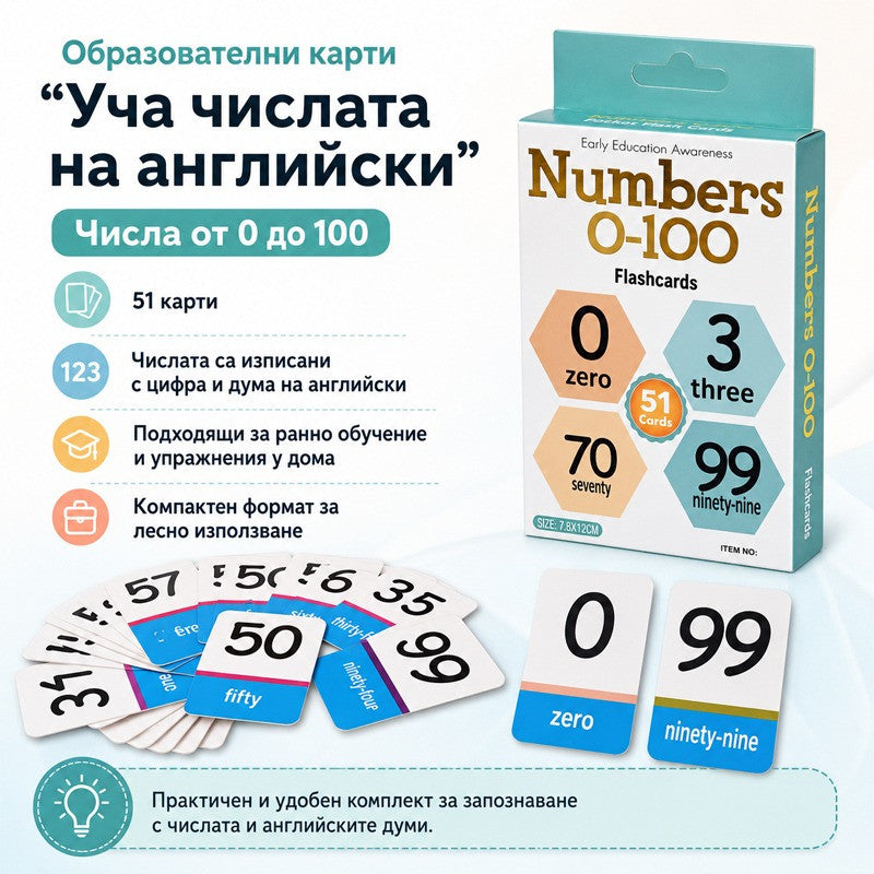Образователни 51 двустранни карти "Уча числата на английски език"