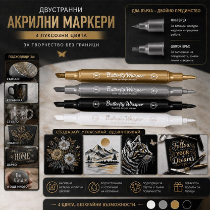 Комплект 4 броя двувърхи акрилни маркери – метални цветове