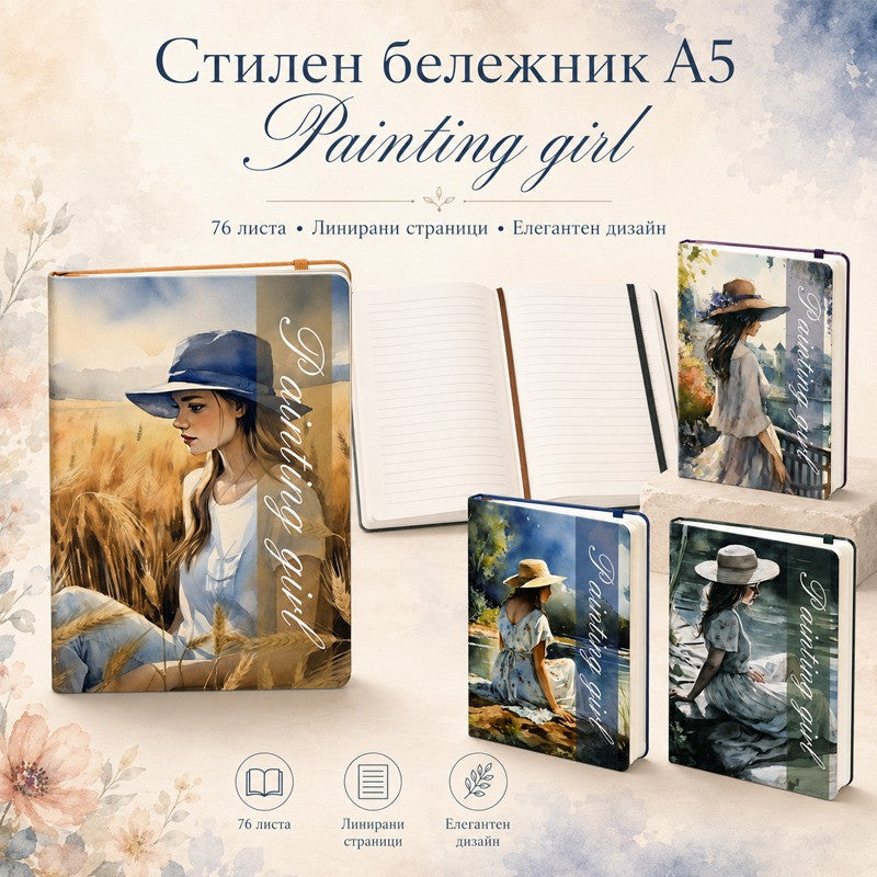 Бележник А5 „Painting Girl“ с твърди корици /12 броя в дисплей микс/