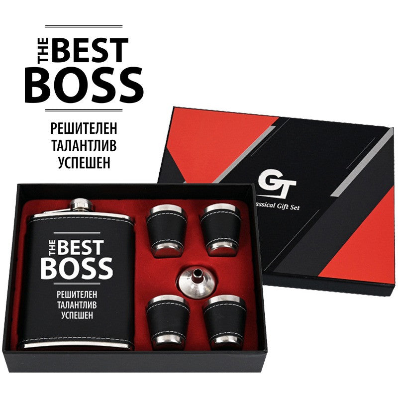 Комплект манерка с аксесоари "THE BEST BOSS" /кожа и метал/